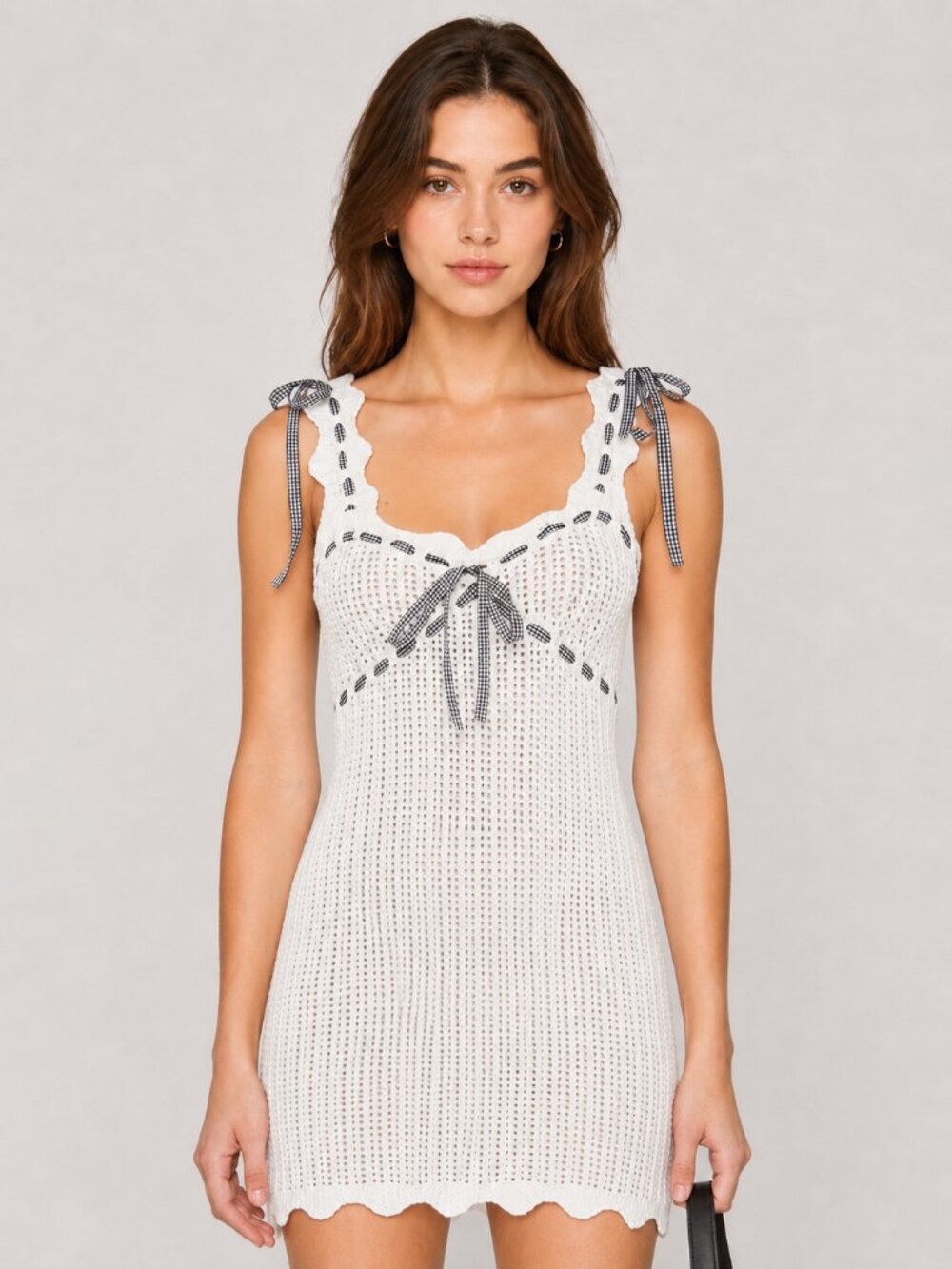 For Love & Lemons Becka White Crochet Knit Mini Dress Black Gingham Bow Accents